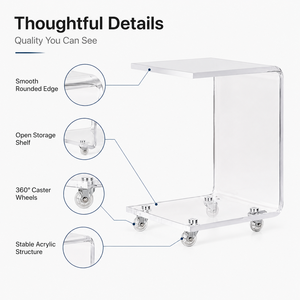 Modern Clear Acrylic C Shaped Rolling Side Table with Wheels Transparent Lucite Sofa End Table Mobile Snack Cart for Home - Product Image 3