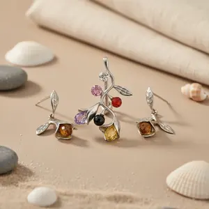 Ensemble de boucles d'oreilles pendantes en argent avec pierres précieuses en forme de fleur pour femmes - Idée cadeau - Product Image 3