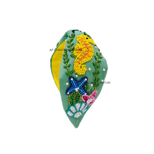 AP CURATED COUTURE, turbante de alta calidad para mujer, estilo bordado a mano, cuentas de cristal de semilla, diademas de moda, caballo de mar, inspirado en el mar - Product Image 1