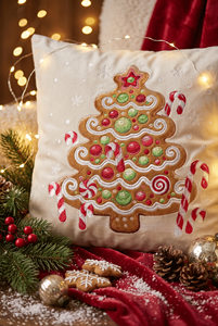 Funda de Almohada Navideña Personalizable de Terciopelo Crema Vintage con Diseño Bordado de Árbol de Jengibre, Cierre de Cremallera, Extraíble - Product Image 2