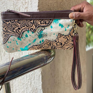 Porte-monnaie en cuir pour femmes, pochette en cuir à fourrure métallique, élégant, couleur Turquoise, Unique - Product Image 1