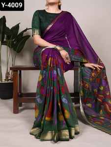 Ropa informal y de Festival india, Sari de material Chanderi de poliéster y viscosa con estampado floral tradicional con trabajo de tejido Zari - Product Image 3