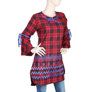Kurti à carreaux brodés pour femmes - Rouge - Product Image 1