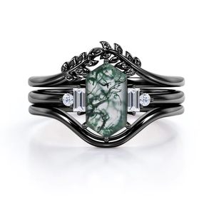 Bague de mariage trio hexagonal en argent sterling 0,8 carat pour femme, gravée feuille, avec agate mousse naturelle et moissanite, classique pour anniversaire et fête - Product Image 3