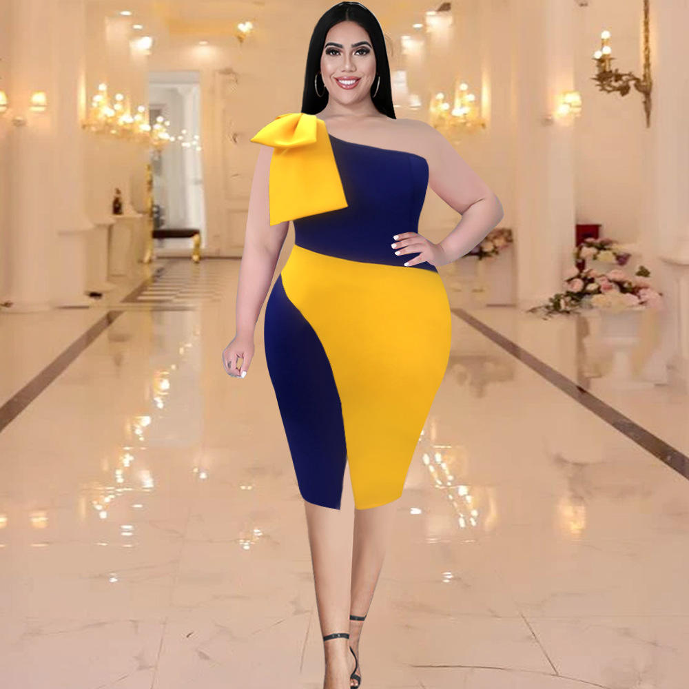 Sexy Diagonal Shoulder Sleeveless Splicing Contrast Color Split Large Plus  Size Women Party Evening Dresses 2022