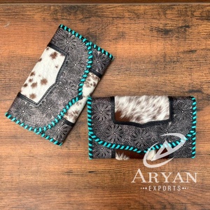 Cartera de cuero con cordones turquesa para mujer, Cartera de cuero genuino de piel de vaca a mano, Cartera de cuero occidental para tarjetas de crédito - Product Image 1