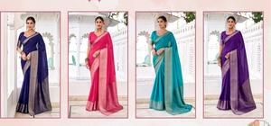 Sari Tradicional Ligero de Chinon con Estampado Propio y Trabajo de Tejido Zari para Fiestas y Todos los Eventos - Product Image 6