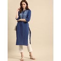Robe décontractée élégante et tendance pour femme, en coton tissé 100 %, bleu ethnique, manches 3/4, silhouette droite, respirante, idéale pour le bureau ou les soirées.