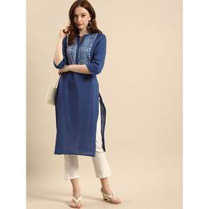 Kurta Étnica con Estampado Azul, Vestido Largo Informal, Elegante y Moderno, Transpirable, para Oficina, Fiestas y Festivales - Product Image 4