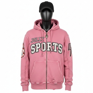 Premium <b>Pink</b> Fleece Zipper <b>Hoodie</b> with Embroidered Custom Sports Logo Panels Distressed Style Comfortable Basics Zipper <b>Hoodie</b> - Product Image 1
