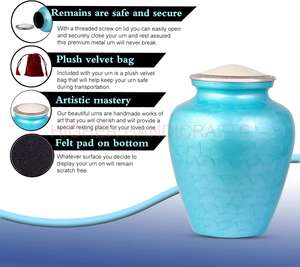 Urne funéraire en aluminium de taille personnalisée pour restes funéraires, ensemble d'urnes funéraires avec urnes en forme de cœur et de souvenir, finition émaillée bleue - Product Image 5