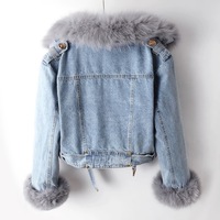 Blouson bomber en jean pour femme, col à capuche, doublure en peau de mouton, coton imperméable, écologique, respirant, réversible, court, chaud