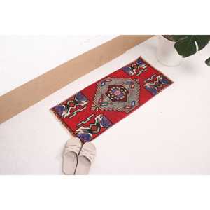 1.3x3 ft Small Vintage Rug, Turkish Rug, <b>Red</b> Blue Solid <b>Wool</b> Rug - Product Image 2