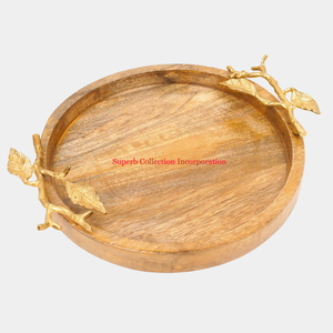 Plateau décoratif en bois naturel pour décor à la maison plateau de service de nourriture décoratif de conception de fantaisie pour avec poignée en forme de feuille pour plateau de vaisselle - Product Image 6