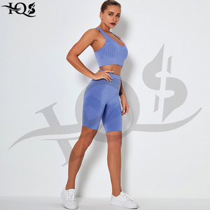 HQS Women's 2 Piece Yoga Set Solid <b>Blue</b> Ribbed Sports <b>Bra</b> High Waist Shorts Seamless Breathable Lightweight Four-Way Stretch - Product Image 4