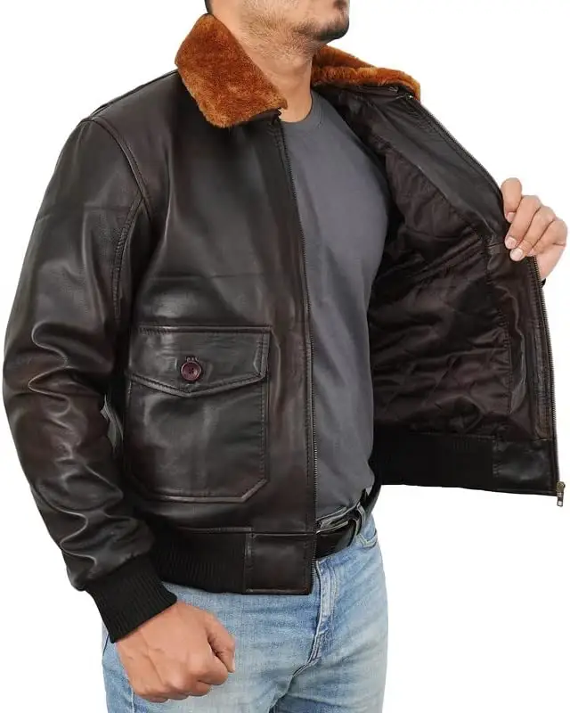 G1Distressed Brown 100% Genuine Cowhide Leather Aviator Bomber Flight Fur Jacket