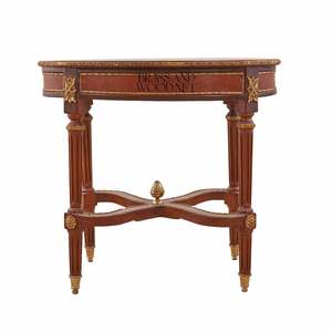 Mesa Auxiliar Redonda de Lujo de Caoba con Incrustaciones Florales y Detalles Ornamentales de Latón Dorado para Decoración Clásica de Sala de Estar - Product Image 1