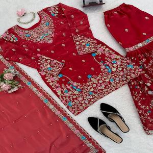 Conjunto de Traje Sharara Anarkali de Seda JMC para Mujer con Dupatta Bordada, Ropa Étnica Festiva - Product Image 1