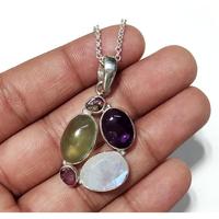 Collier pendentif en chaîne multi-pierres précieuses arc-en-ciel, pierre de lune, améthyste, tourmaline, préhnite, argent sterling 925, bijoux faits à la main