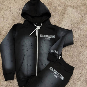 Custom Acid Wash Sweatsuit Jogging Track Suit Set Streetwear Puff Print <b>Spray</b> Wash Flare Sweatpants and Full Zip up Hoodie Set - Product Image 1