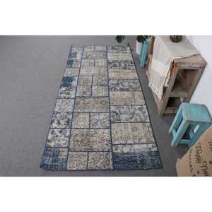 Alfombra Turca Vintage de 3.2x7.1 pies, Alfombra Decorativa, Alfombra Azul con Diseño de Patchwork - Product Image 1