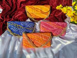 Classic Bandhej Designs Wedding Party Favors Clutch BagWith Pearl Handle for Valentine's Day Haldi / Mehndi Party Favors - Product Image 2