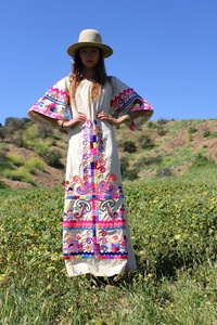 Vintage Hand Embroidered 100% Cotton Floral <b>Pattern</b> <b>A</b>-<b>Line</b> Silhouette Maxi <b>Dress</b> Regular Sleeves Truly Amazing Ethnic <b>Dress</b> Size - Product Image 3