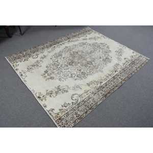 5.2x6.2 ft Rug, Vintage Rug, Turkish <b>Brown</b> <b>Wool</b> Bordered Rug - Product Image 4