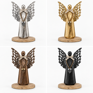 Figurine d'ange rustique en bois avec ailes en métal argenté et pendentif cœur, ornement de Noël pour table, décoration d'intérieur, centre de table - Product Image 4