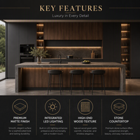 Ensemble d'armoires de cuisine modulaires KEJIA, style moderne et luxueux, grain de bois foncé, sans poignées, noir mat, avec îlot central