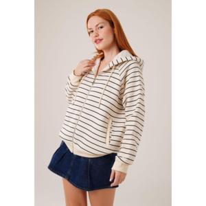 Lustrin Women's Wholesale Hooded Zippered Striped <b>Cardigan</b> <b>Sweater</b> - Stone Gray Cotton Polyester Blend Casual Outerwear - Product Image 1