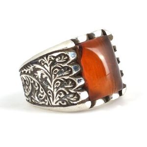 Bague pour homme en argent sterling 925 avec pierre d'ambre orange compressée, gravée à la main, sertie en clos rectangulaire, rhodiée, pour usage quotidien - Product Image 2