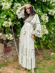 Vestido Largo de Algodón para Mujer, Blanco con Bordado Verde, Estilo Bohemio, Vestido Largo de Verano para Mujer, Blanco con Bordado Verde - Product Image 3