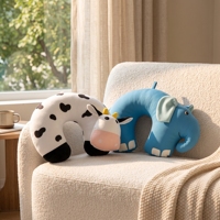 Oreiller de voyage en forme de U pour enfants, motif animal mignon, 100% polyester, vache, éléphant