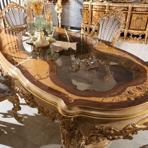 European Baroque Style Wood <b>Dining</b> <b>Table</b> Set With Gold Carving And Glass <b>Top</b> Antique Design For Home Furniture - Product Image 1