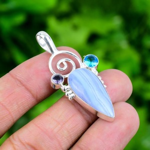 925 estampillé argent fait à la main pierres précieuses bleu dentelle Agate pendentif bijoux bijoux fins cadeau de fiançailles 925 pendentif en argent Sterling - Product Image 4