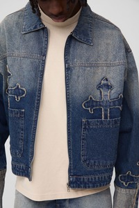 Venta al por mayor por encargo precio asequible Vintage Jean abrigos personalizado bordado Patchwork Logo Crop Top Denim Fade chaqueta para los hombres - Product Image 2