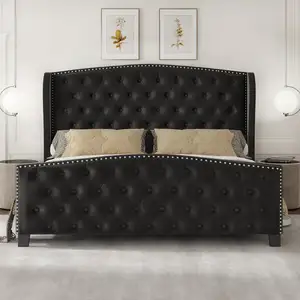 Gaya desain Modern pilihan terbaik bingkai tempat tidur kayu ukuran penuh untuk kamar tidur warna hitam dengan kayu alami