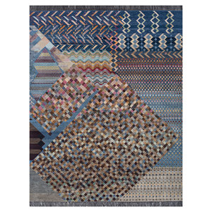 Tapis Manchaha bleu noué à la main en laine et soie de bambou, épaisseur 10 mm, motif géométrique abstrait pour la maison, couloir, modèle rectangulaire - Les-2657 - Product Image 1