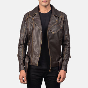 Chaqueta de Motociclista de Cuero Marrón para Hombre, Cuello Camisero, Cierre de Cremallera, Corte Ajustado, Largo Regular, Color Sólido, para Otoño - Product Image 2