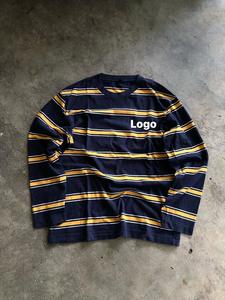 Chemise à manches longues en coton de haute qualité, patchwork rayé bleu et jaune, design décontracté confortable, logo personnalisé pour hommes - Product Image 4