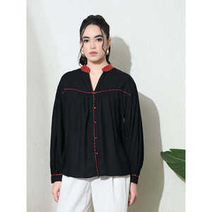 Camisa Boho Oversize de Algodón Slub con Cuello Mao, Manga Globo Tejida con Botones, Transpirable, con Ribete de Color en Contraste para Oficina y Verano - Product Image 4