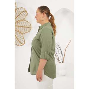 RMG Plus Size Khaki Cotton Linen Blend <b>Shirt</b> with Shoulder <b>Epaulets</b> for Women - Comfortable and Stylish Casual Wear - Product Image 2