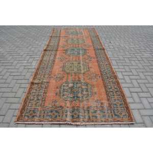 Tapis Turc Vintage 4.8x 11.8ft Orange Bleu Patchwork Design Laine Matériau Latex Style-Tabriz pour Entrée Rectangle Abstrait - Product Image 1