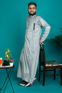 Hijazi Thobe à manches longues en polyester importé pour hommes respirant léger séchage rapide vêtements musulmans traditionnels contrastés - Product Image 3