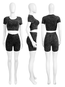 Logo personnalisé OEM Vêtements pour femmes Survêtement en coton délavé à l'acide Ensembles pour femmes côtelés Tenues assorties Ensemble de Short2-Piece - Product Image 5