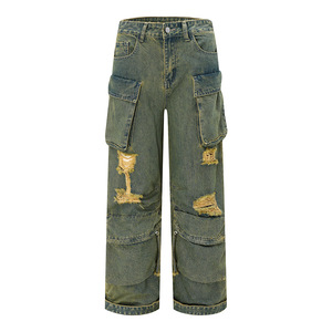 Pantalones vaqueros holgados de alta calidad personalizados de fabricante para hombre, ropa de calle, pantalones vaqueros de camuflaje de pierna recta Vintage - Product Image 4
