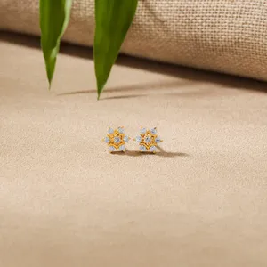 14k <b>Gold</b> Geometric <b>Stud</b> <b>Earrings</b> for Women Zircon & Pearl <b>Rose</b> or Yellow <b>Gold</b> Plated - Product Image 1