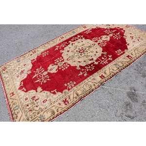 พรม4x8ft สไตล์วินเทจสีแดงสีเบจผ้าวูลปะต่อแบบแบนวัสดุลาเท็กซ์ด้านหลังสำหรับตกแต่งห้องนั่งเล่นความหนา10มม. - Product Image 2