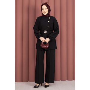 Conjunto de Traje de Dos Piezas para Mujer de Diseñador con Botones Dorados y Cinturón Color Negro - Product Image 3